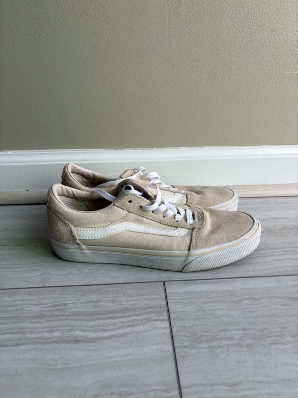 Beige Vans Low-Top Sneakers with White Stripe